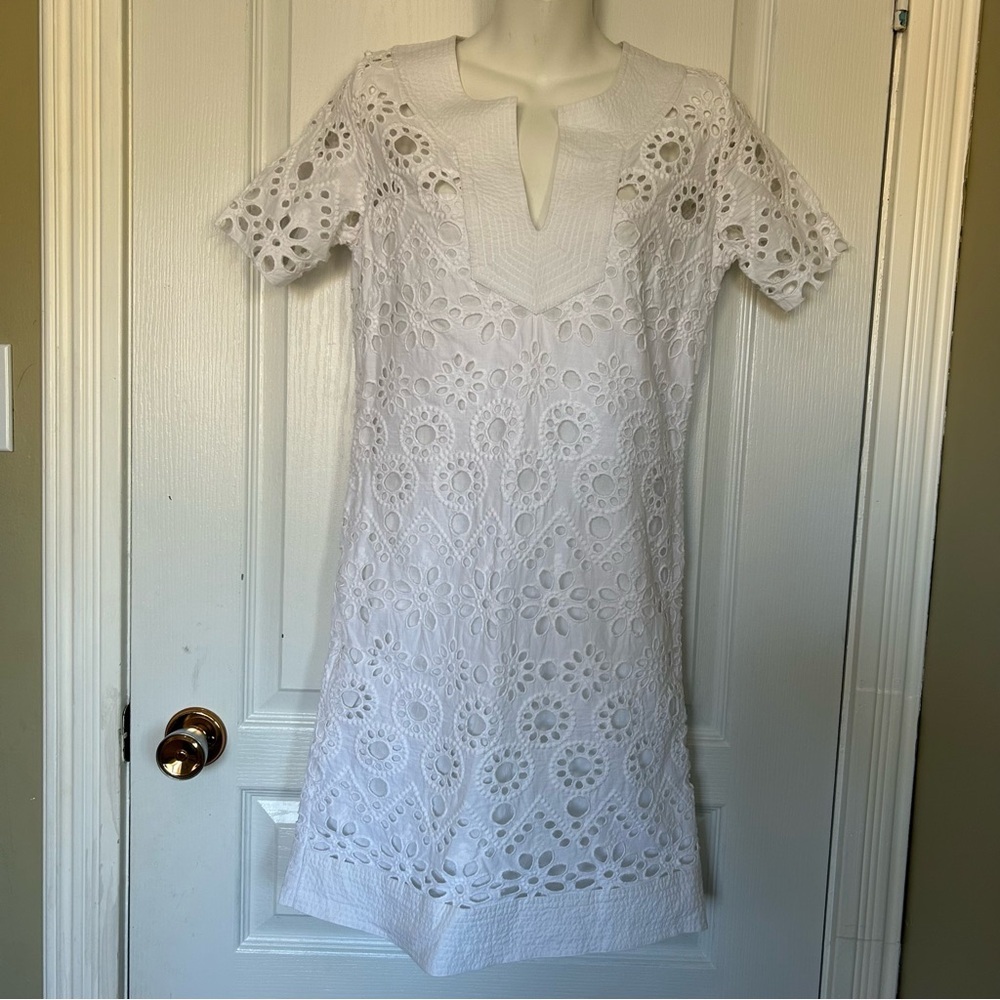 Gretchen Scott White Eyelet Short Sleeve Dress XS Women 100% Cotton